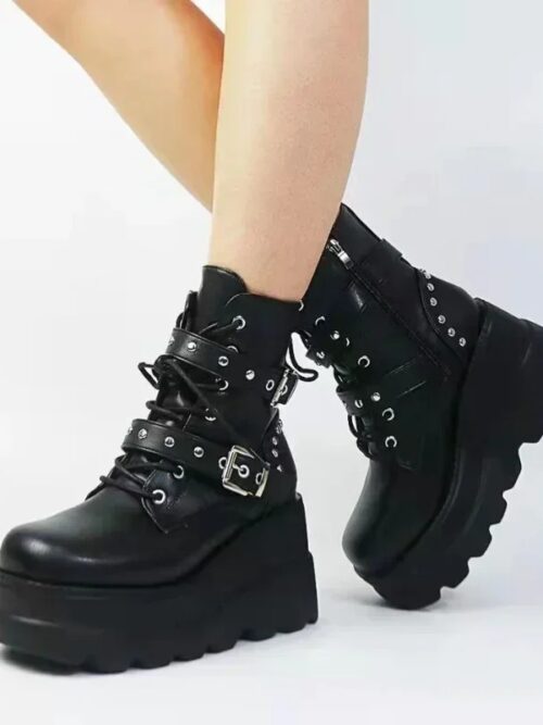 New Women Pu Leather Ankle Booties Woman Autumn Winter Round Toe Lace Up Shoes Woman Motorcycle Platform Gothic Boots Cosplay